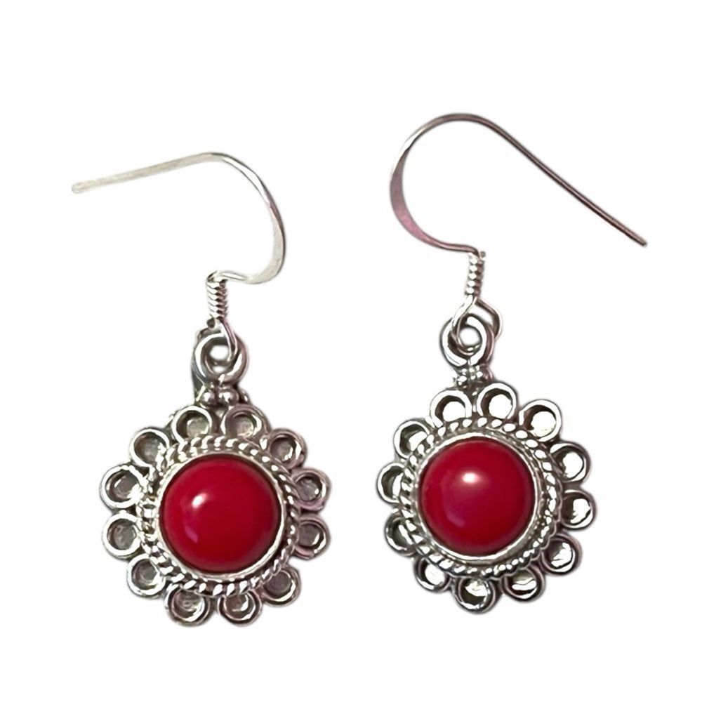 Elegant Sterling Silver Red Coral Floral Drop Earrings